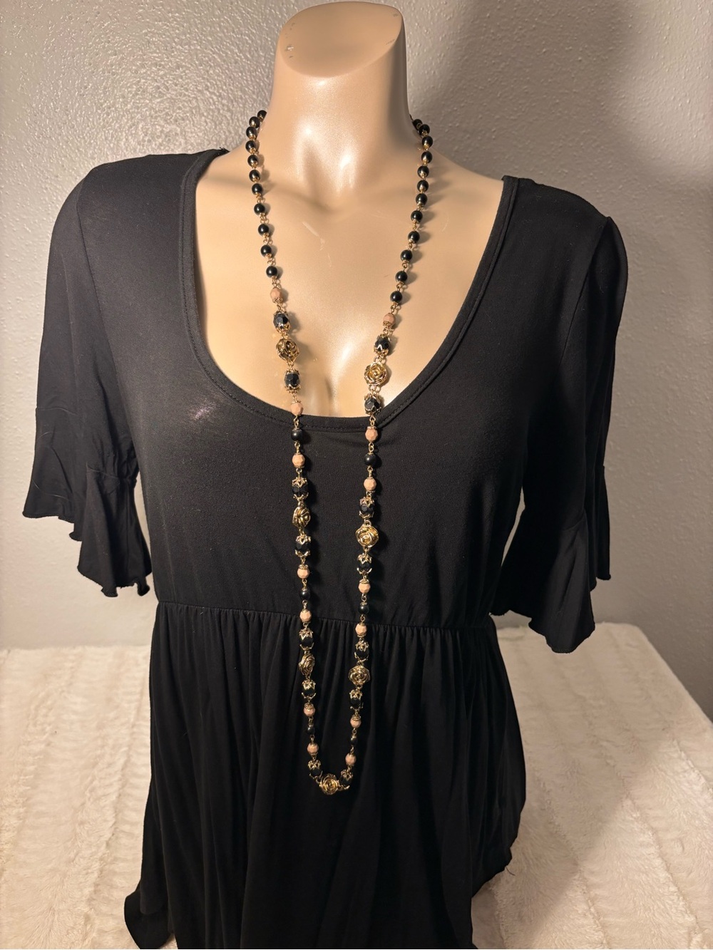 Whimsigoth Dark Cottagecore Beaded Necklace with Gold Rose Accents